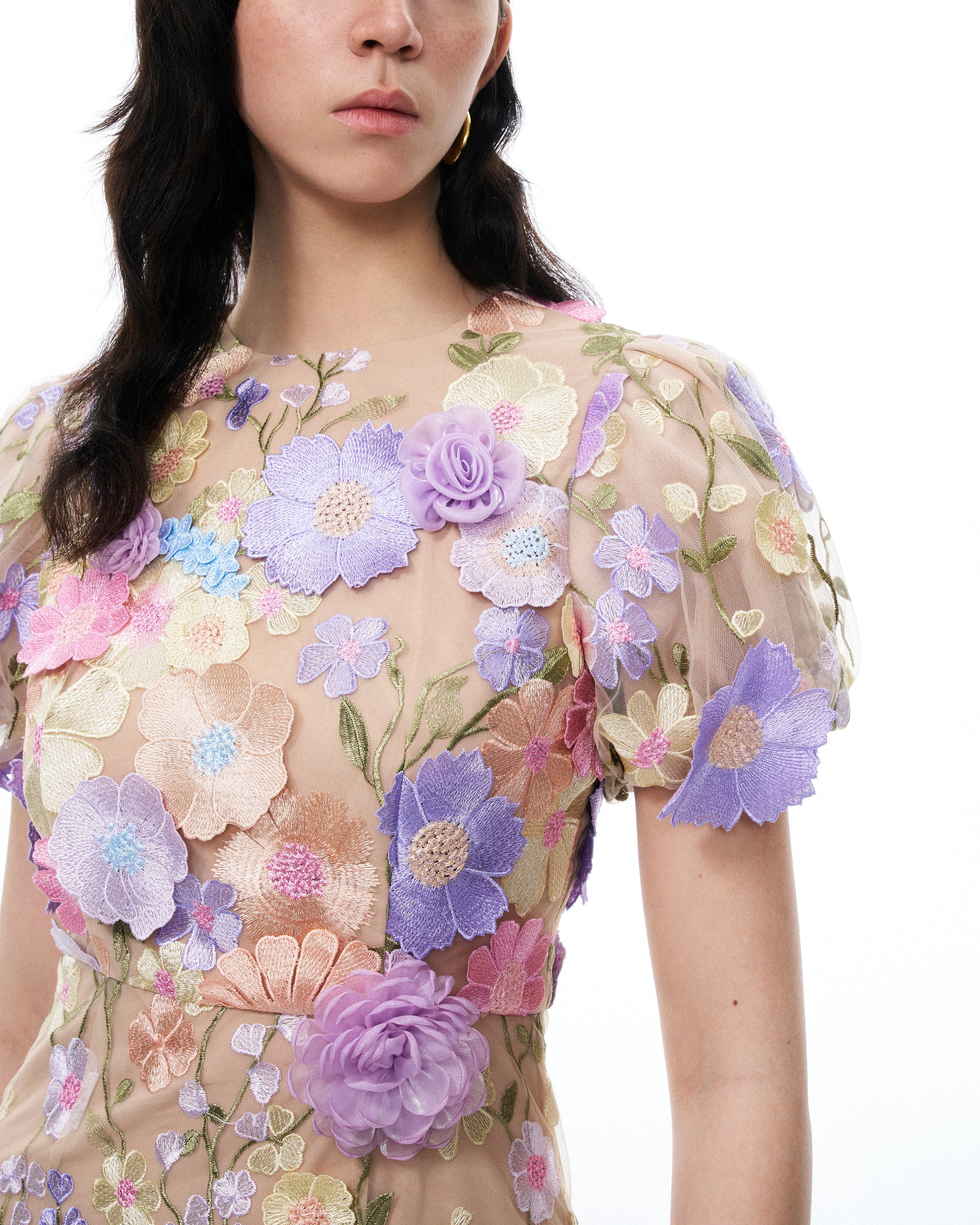 Alaric Round Neck 3D Floral Embroidered Maxi Dress - Pastel Multi