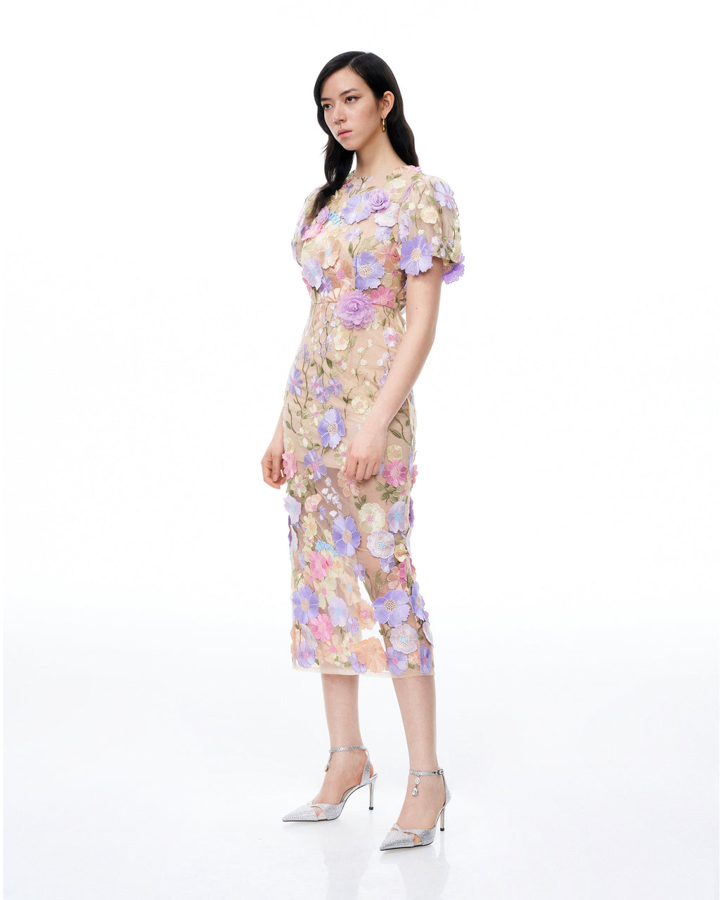 Alaric Round Neck 3D Floral Embroidered Maxi Dress - Pastel Multi