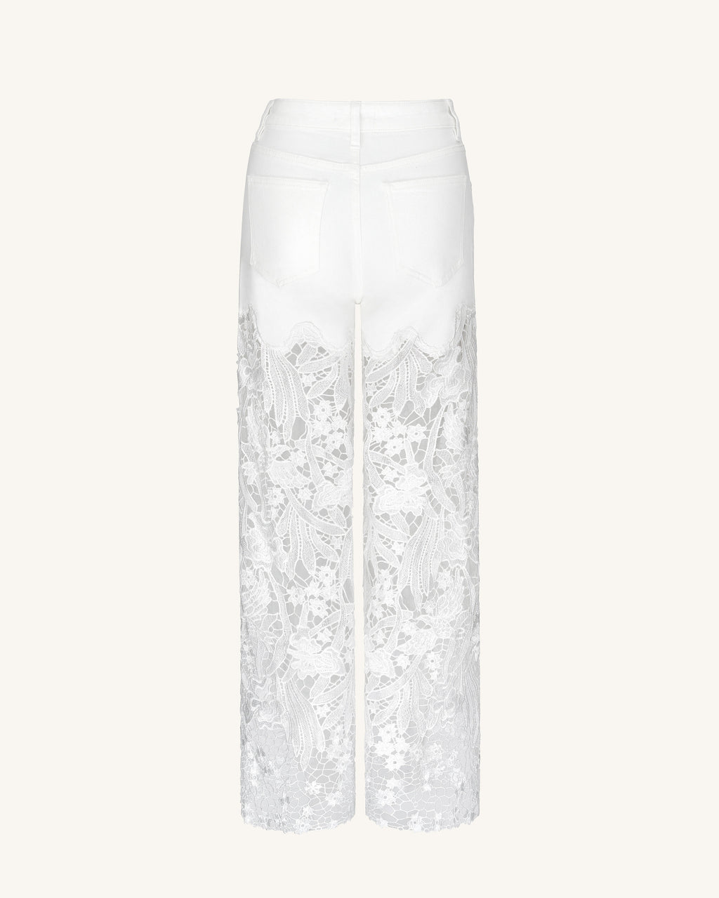 Embroidery High Rise Wide Leg Lace Denim Jeans With Rhinestone - White