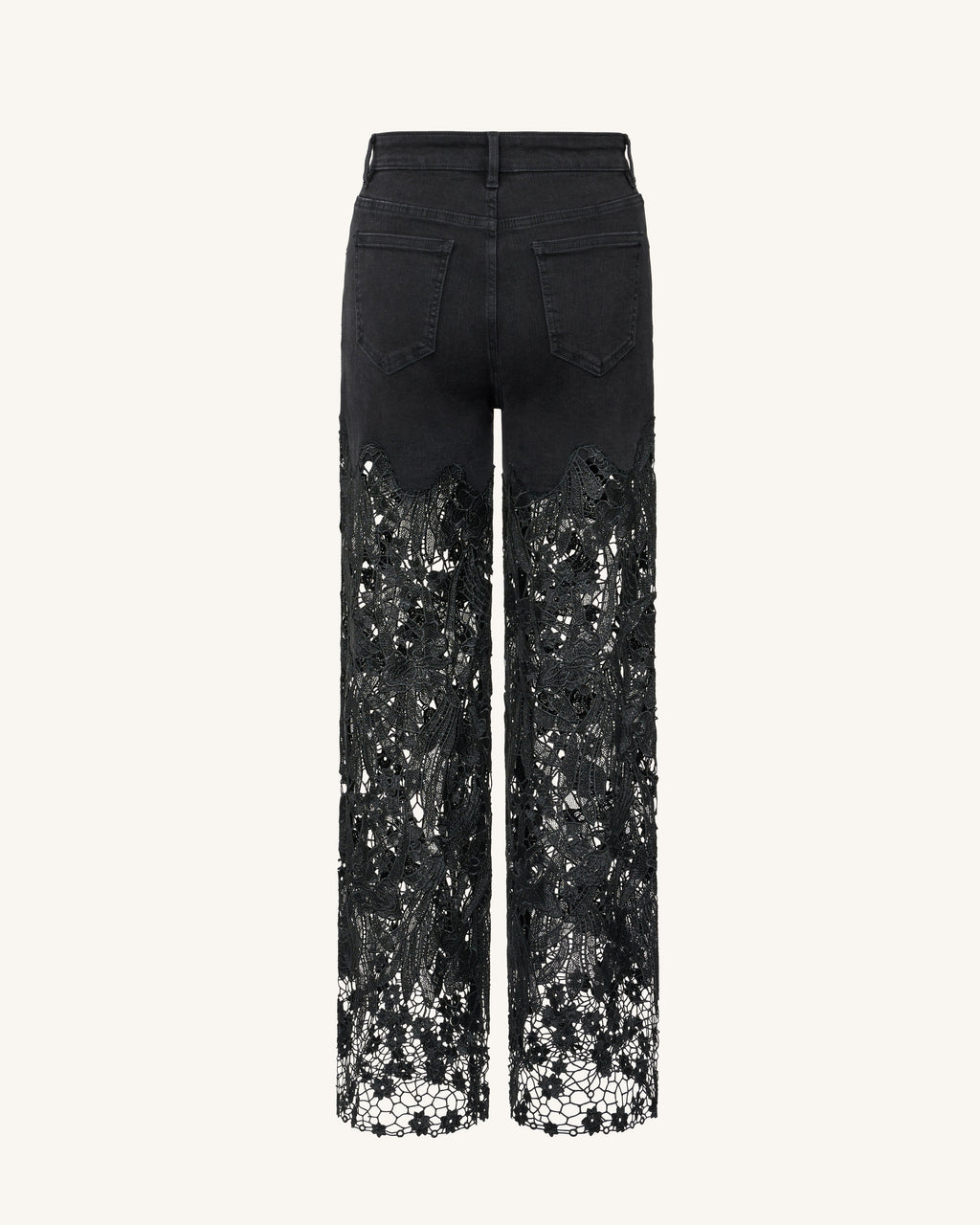 Embroidery High Rise Wide Leg Lace Denim Jeans With Rhinestone - Black